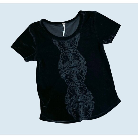 FREE PEOPLE Black Velvet Sheer Detail Baby Doll T Shirt Tee Top Size Small - Picture 2 of 6